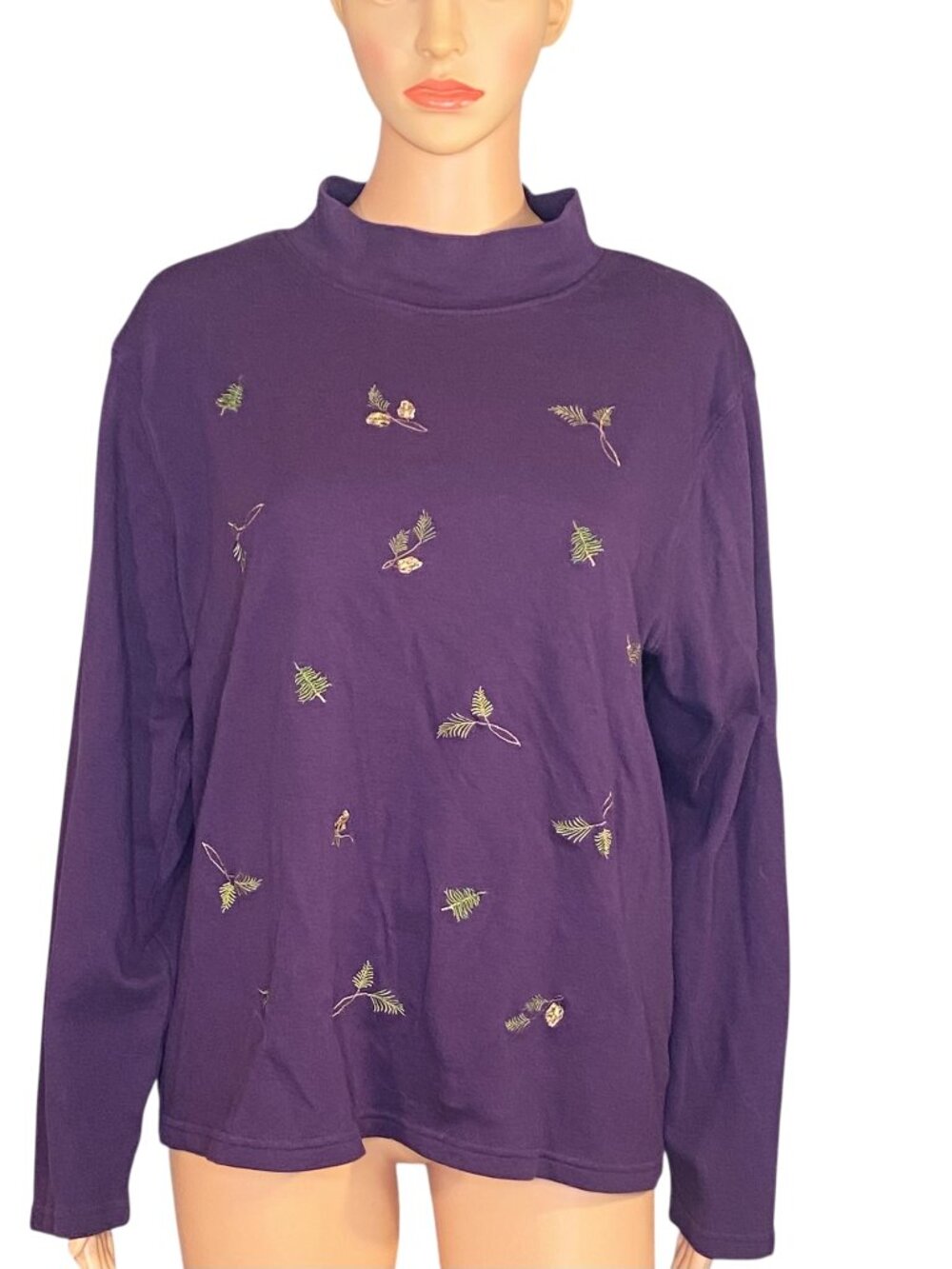 Studio Works Plum Turtleneck Sweater SZ XL Pinecone Print Fall Layering Piece